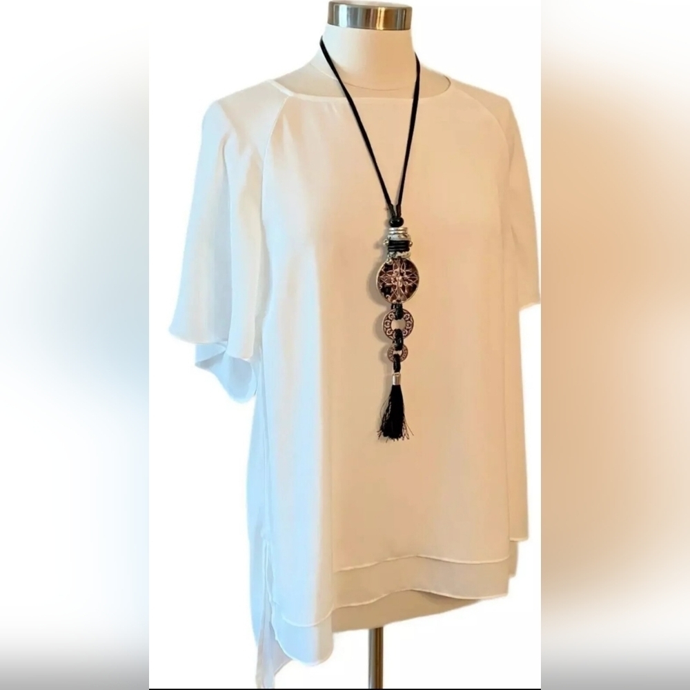 Soft Surroundings Semi Sheer Hi-Lo Dressy Career Blouse Off White Shirt Top M - Picture 1 of 9
